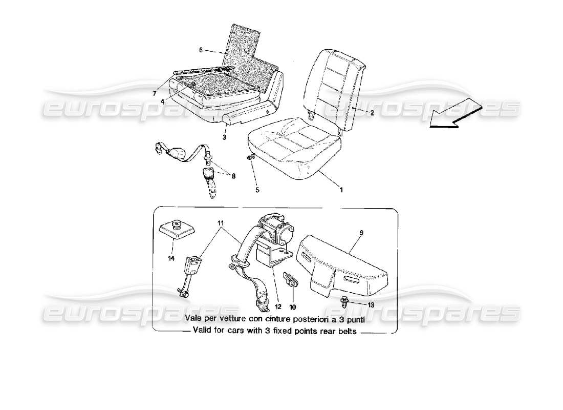 ferrari mondial 3.4 t coupe/cabrio sitze und sicherheitsgurte hinten - cabriolet-ersatzteildiagramm