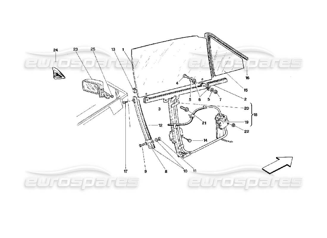 ferrari mondial 3.4 t coupe/cabrio türen - cabriolet - glashebevorrichtung und rückspiegel - teilediagramm