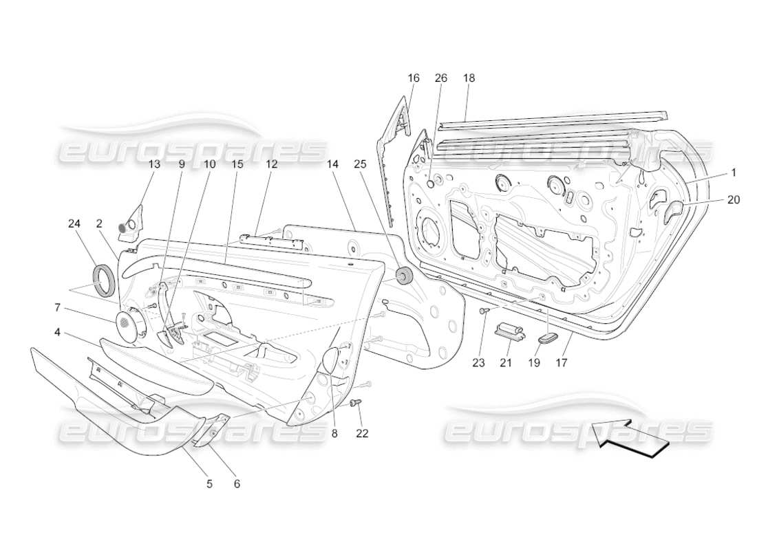 maserati grancabrio (2010) 4.7 vordere türen: verkleidungen ersatzteildiagramm