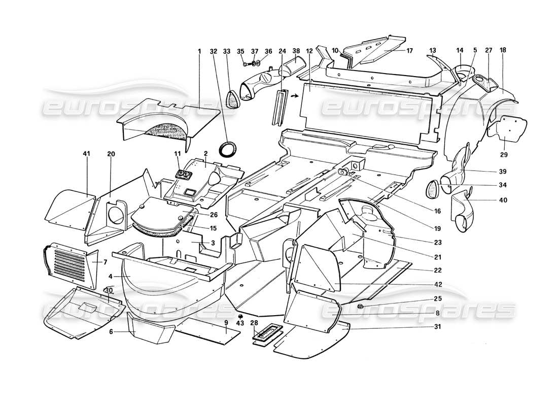 ferrari 328 (1985) karosserie - teilediagramm der inneren elemente