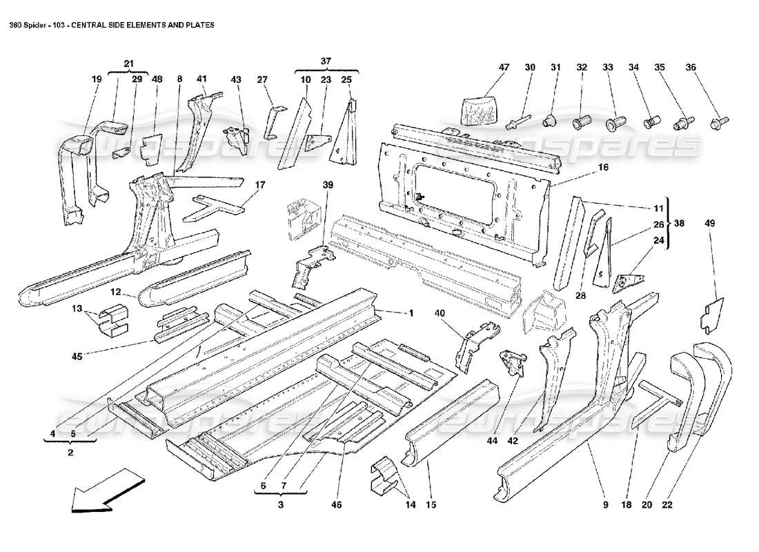 ferrari 360 spider teilediagramm für zentrale seitenelemente und platten