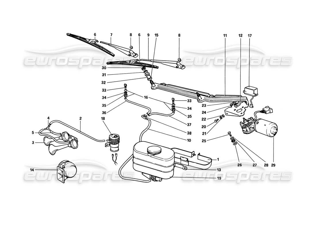 ferrari 308 gtb (1980) scheibenwischer, scheibe und hupe teilediagramm