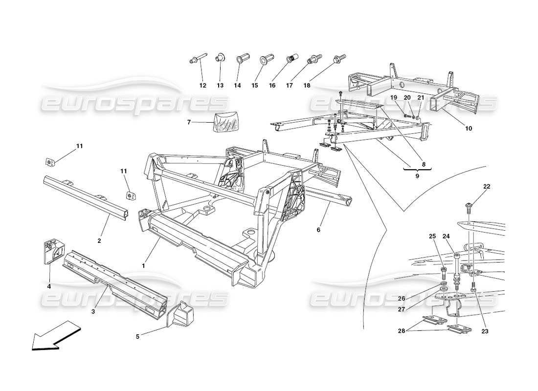 ferrari 430 challenge (2006) rahmen – hintere elemente und platten teilediagramm