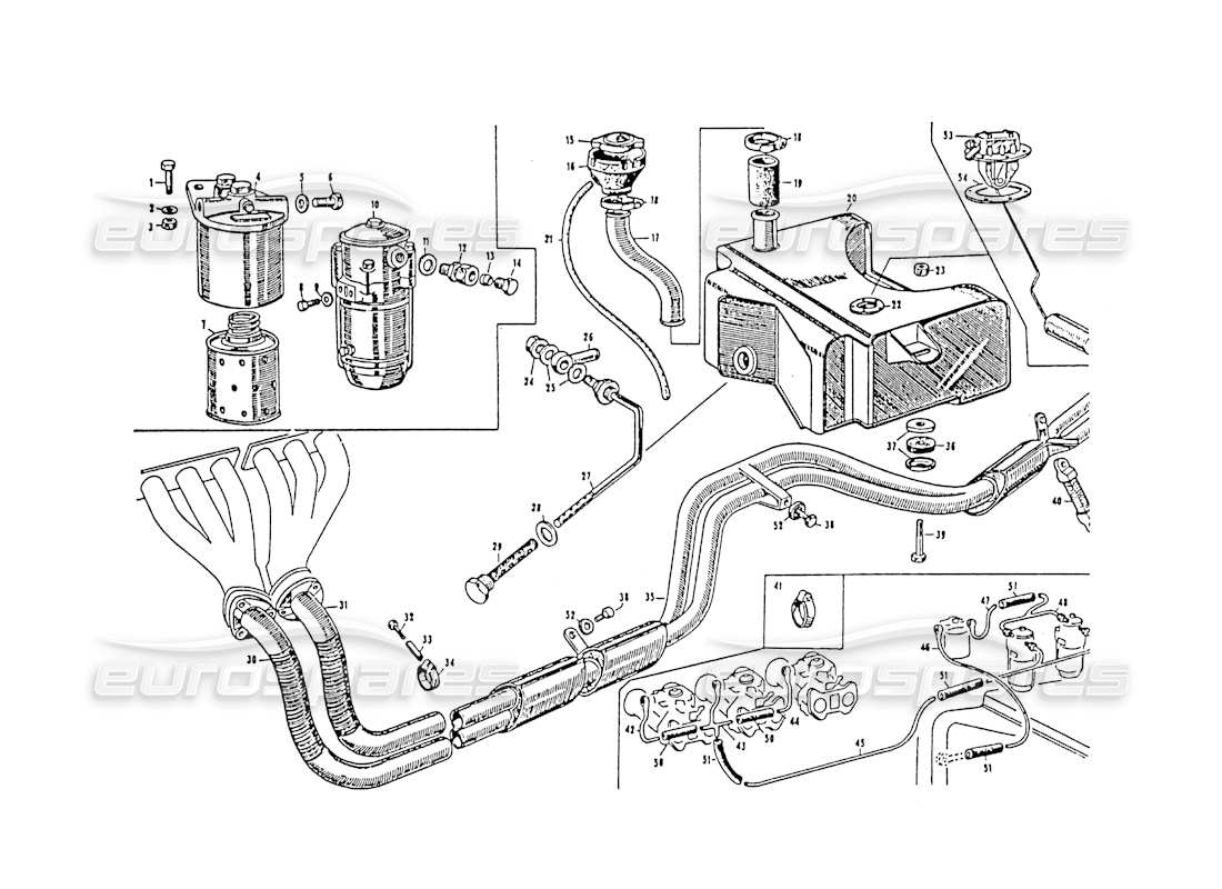 maserati 3500 gt teilediagramm für auspuffkrümmer und kraftstoffzelt