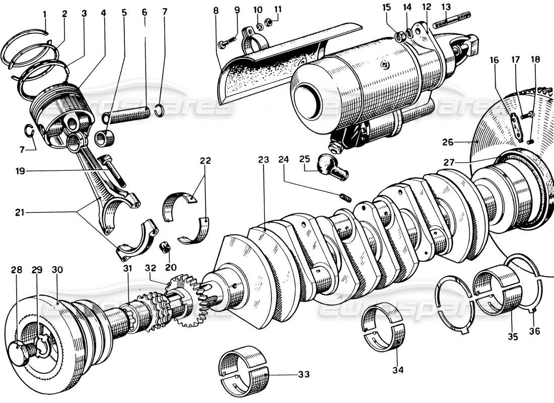 ferrari 330 gtc coupe teilediagramm für kurbelwelle, pleuelstangen und kolben