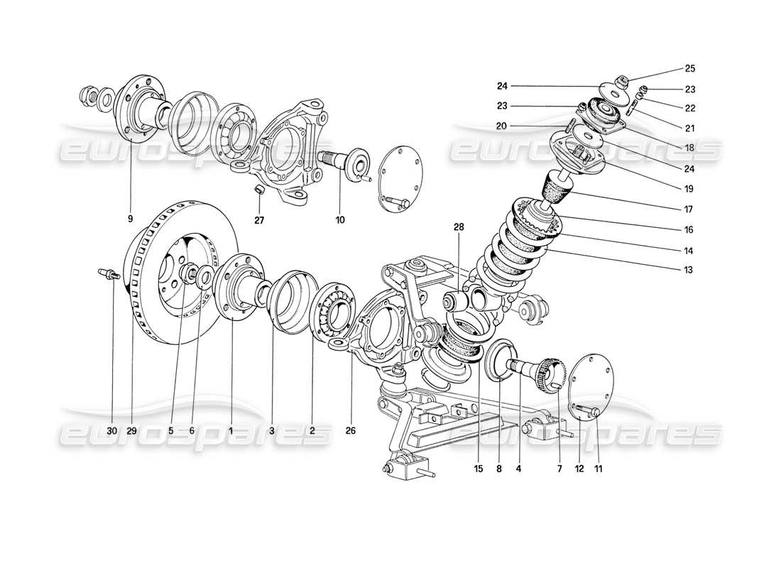 ferrari 208 turbo (1989) vorderradaufhängung - stoßdämpfer und bremsscheibe (ab autonummer 76626) teilediagramm