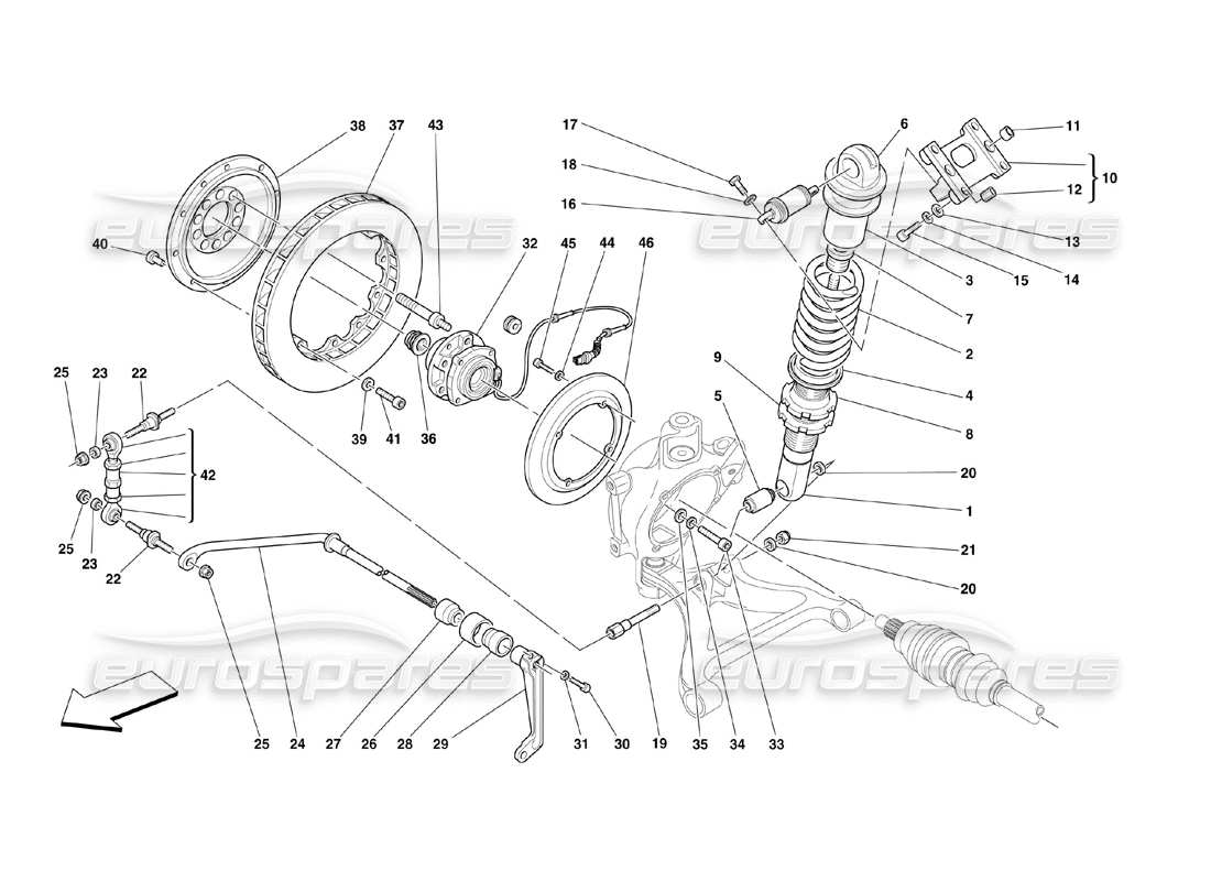 ferrari 360 challenge (2000) hinterradaufhängung - teilediagramm stoßdämpfer und bremsscheibe