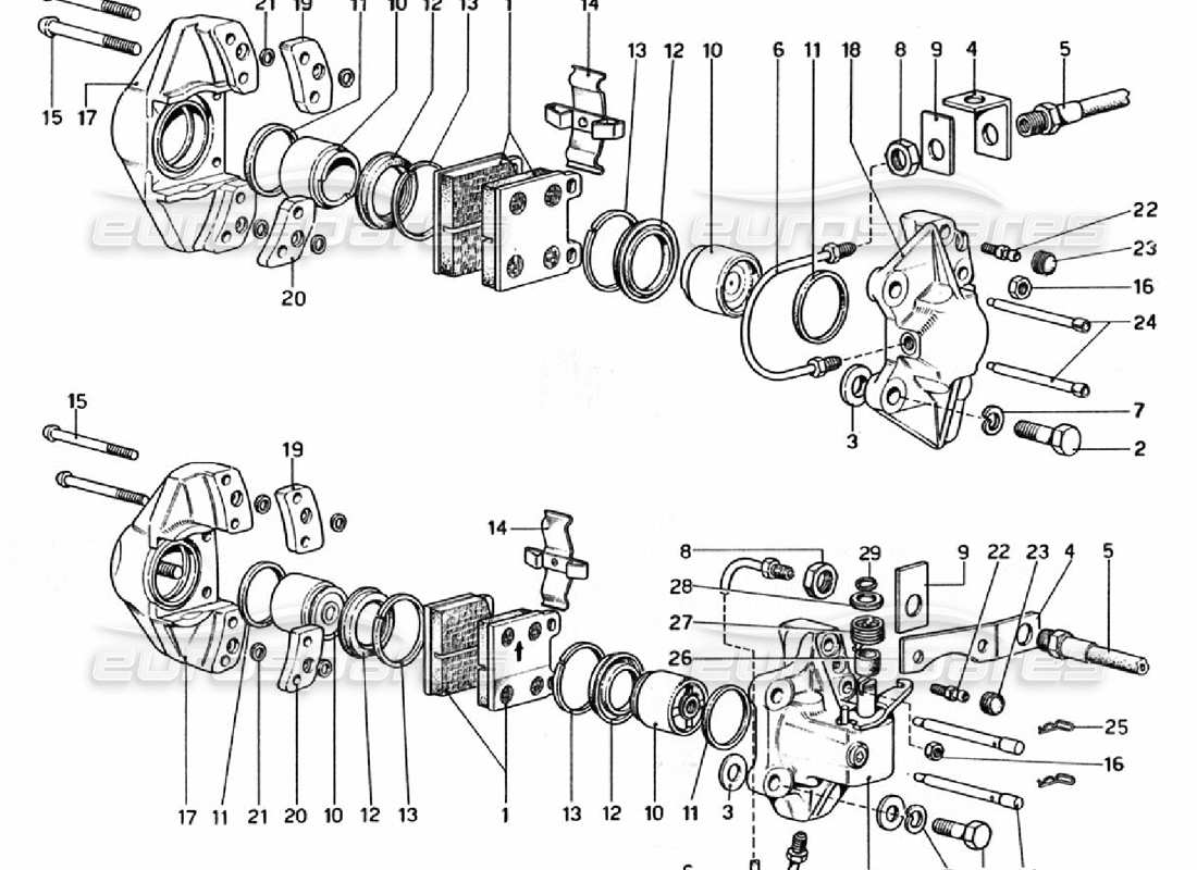 ferrari 308 gtb (1976) bremssättel für vorder- und hinterradbremsen - teilediagramm