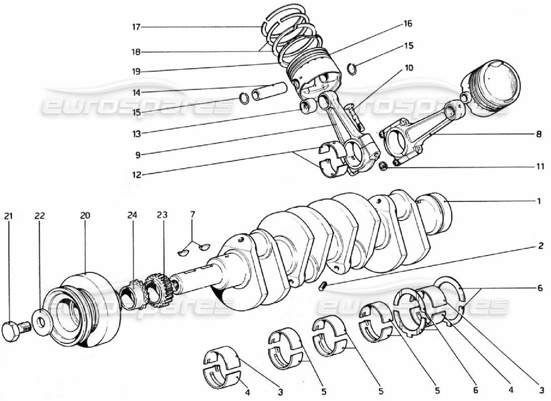 ferrari 308 gtb (1976) kurbelwelle - pleuelstangen und kolben - teilediagramm