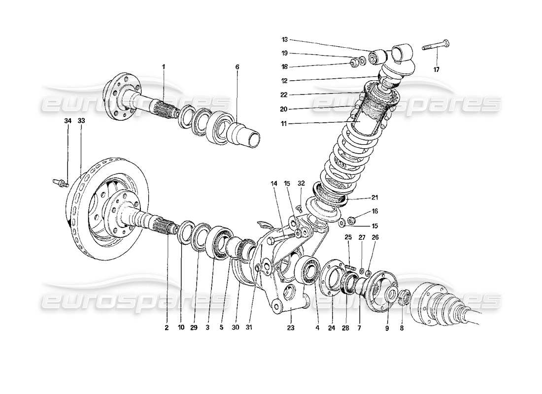 ferrari 208 turbo (1989) hinterradaufhängung - stoßdämpfer und bremsscheibe (ab autonummer 76626) teilediagramm