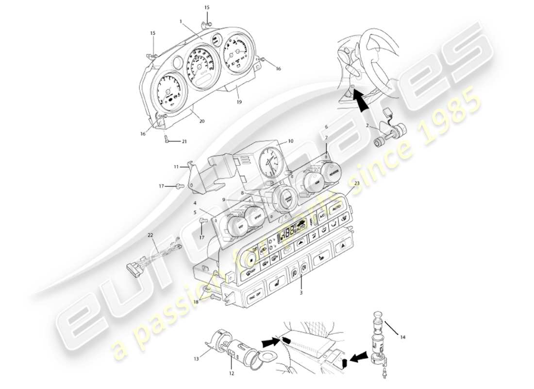 aston martin vanquish (2001) teilediagramm für instrumente und bedienelemente