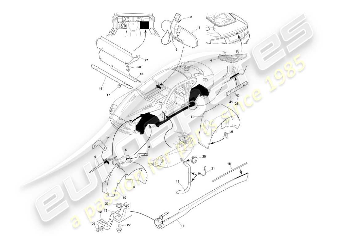 aston martin vanquish (2003) teilediagramm für karosseriebeschläge