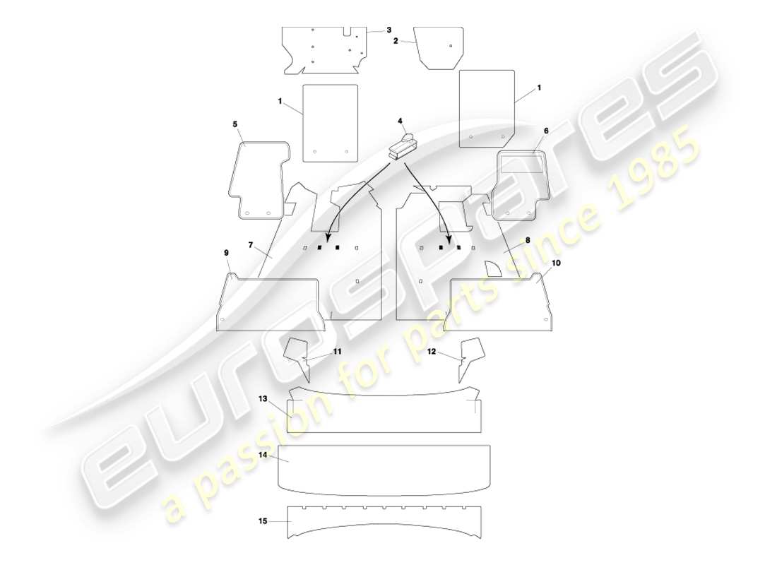 aston martin db7 vantage (2001) teilediagramm für volante-teppiche