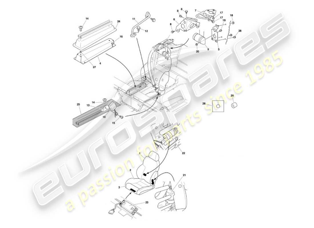 aston martin vanquish (2003) teilediagramm für vordersitze und gurte