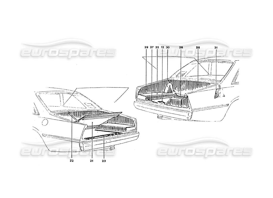 ferrari 365 gt4 2+2 coachwork kofferraumverkleidung und teppich teilediagramm