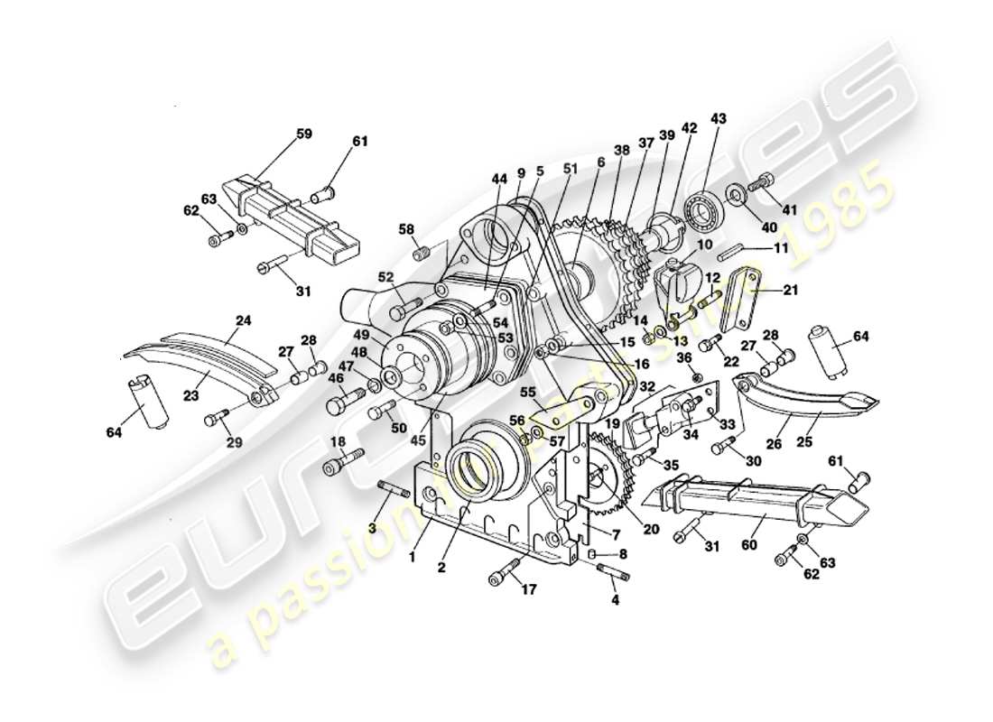 aston martin v8 volante (1997) teilediagramm für steuergehäuse, wasserpumpe und kettenräder