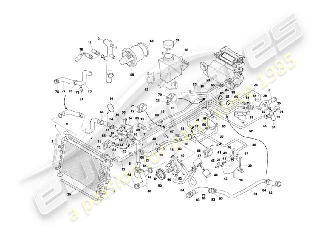 aston martin vanquish (2003) teilediagramm des wasserkühlsystems