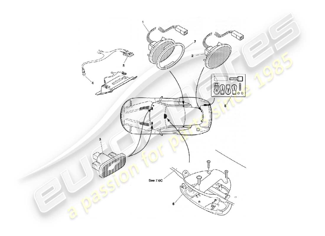 aston martin vanquish (2005) teilediagramm für innenraumleuchten und -birnen
