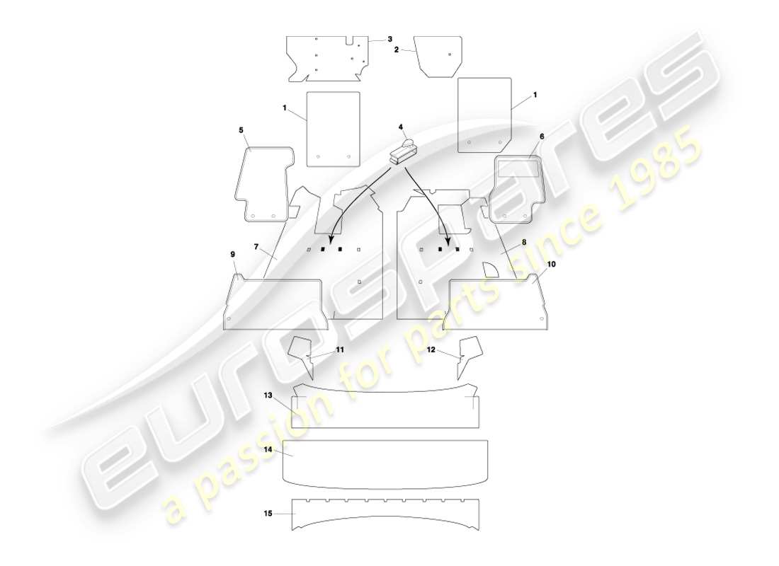 aston martin db7 vantage (2000) teilediagramm für volante-teppiche