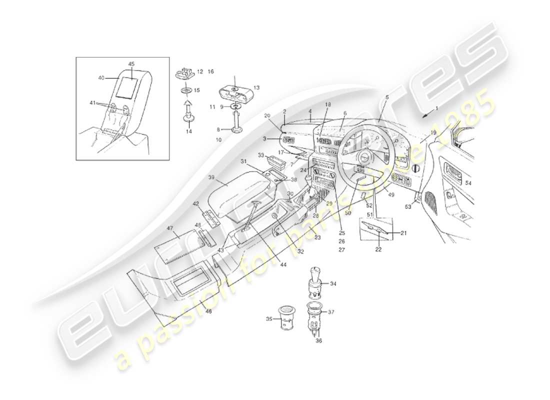 aston martin v8 virage (1999) teilediagramm für innenausstattung, armaturenbrett und mittelkonsole