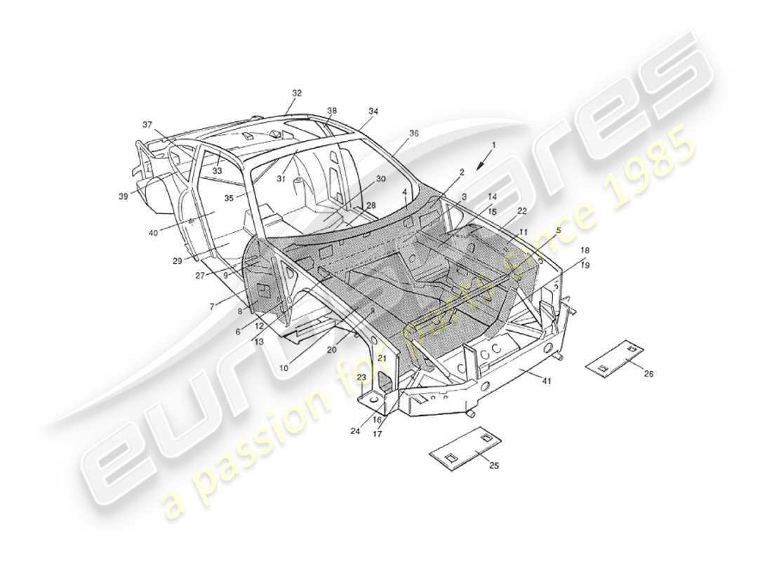 aston martin v8 virage (1999) fahrgestell-aufbau, vorderteil-diagramm