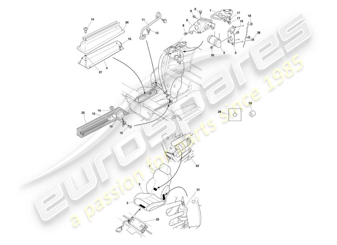 aston martin vanquish (2007) teilediagramm für vordersitze und gurte