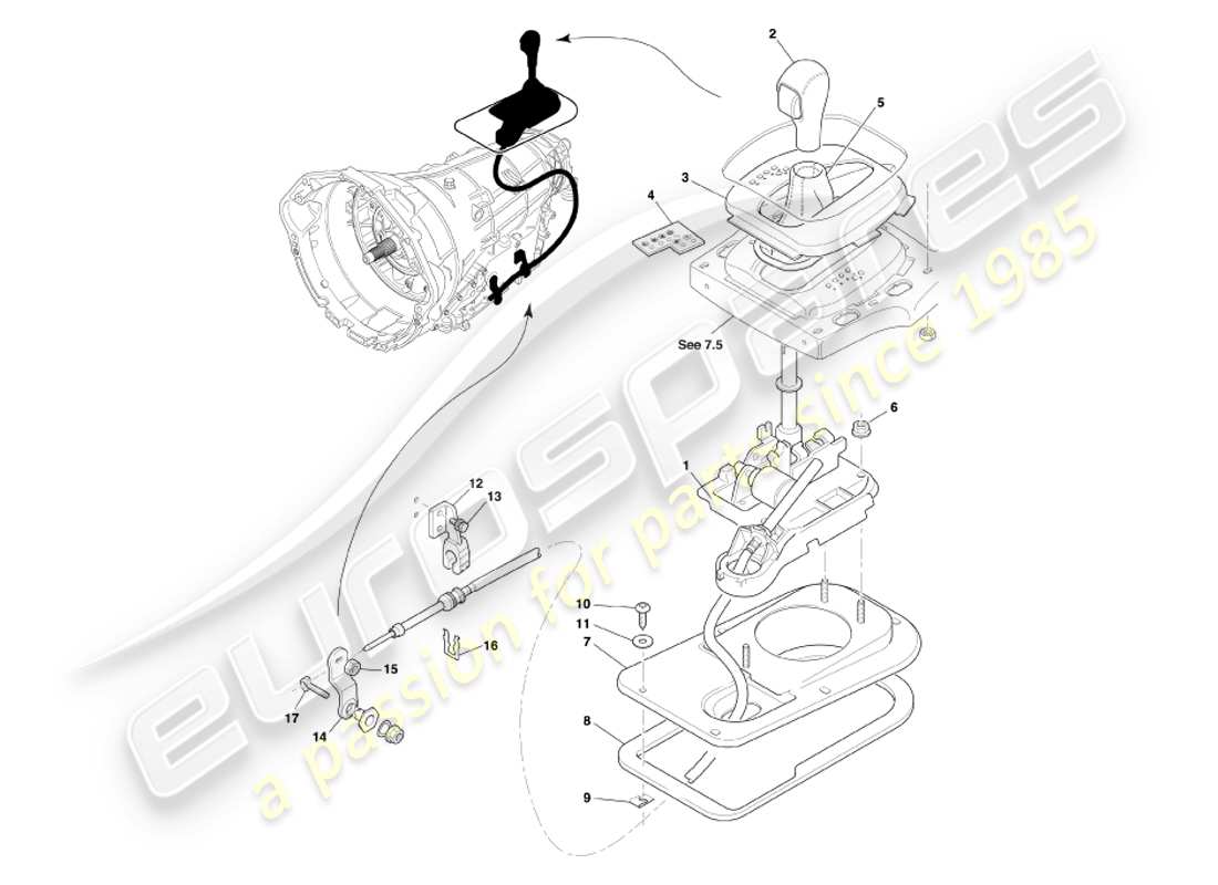aston martin db7 vantage (2002) touchtronic-getriebe, gangwahlhebel-baugruppe, teilediagramm
