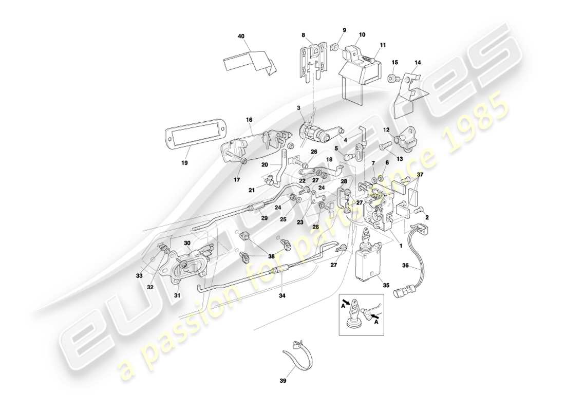 aston martin db7 vantage (2001) teilediagramm des türverriegelungsmechanismus