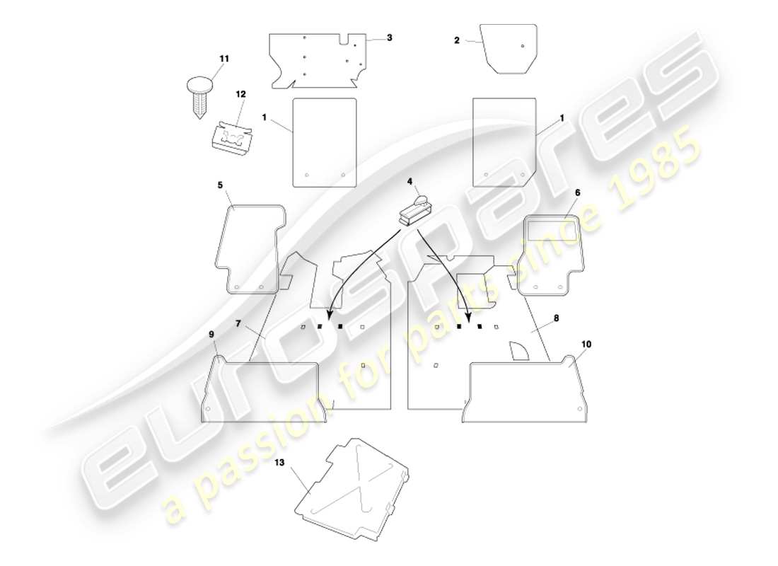 aston martin db7 vantage (2002) teilediagramm für coupé-teppiche