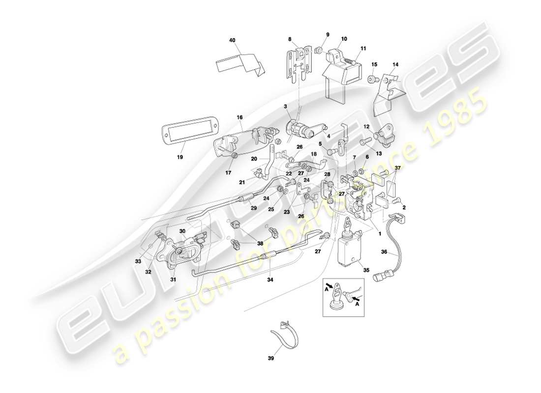 aston martin db7 vantage (1999) teilediagramm des türverriegelungsmechanismus