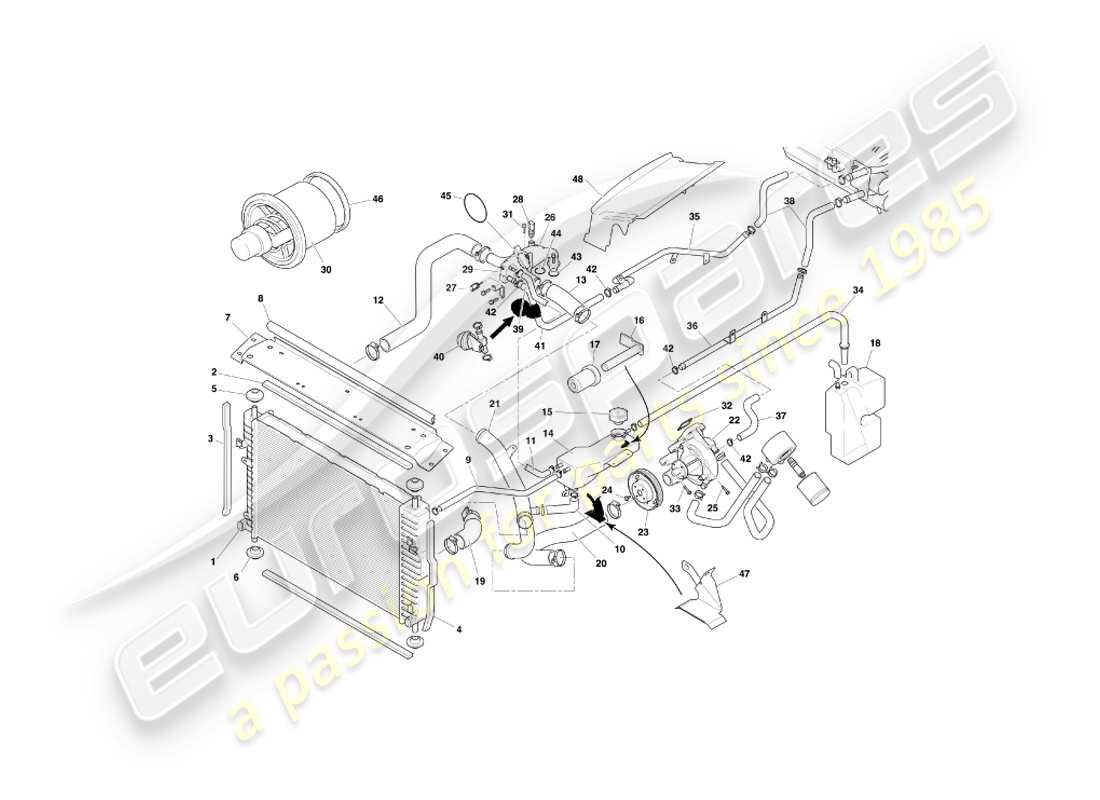 aston martin db7 vantage (1999) teilediagramm des wasserkühlsystems