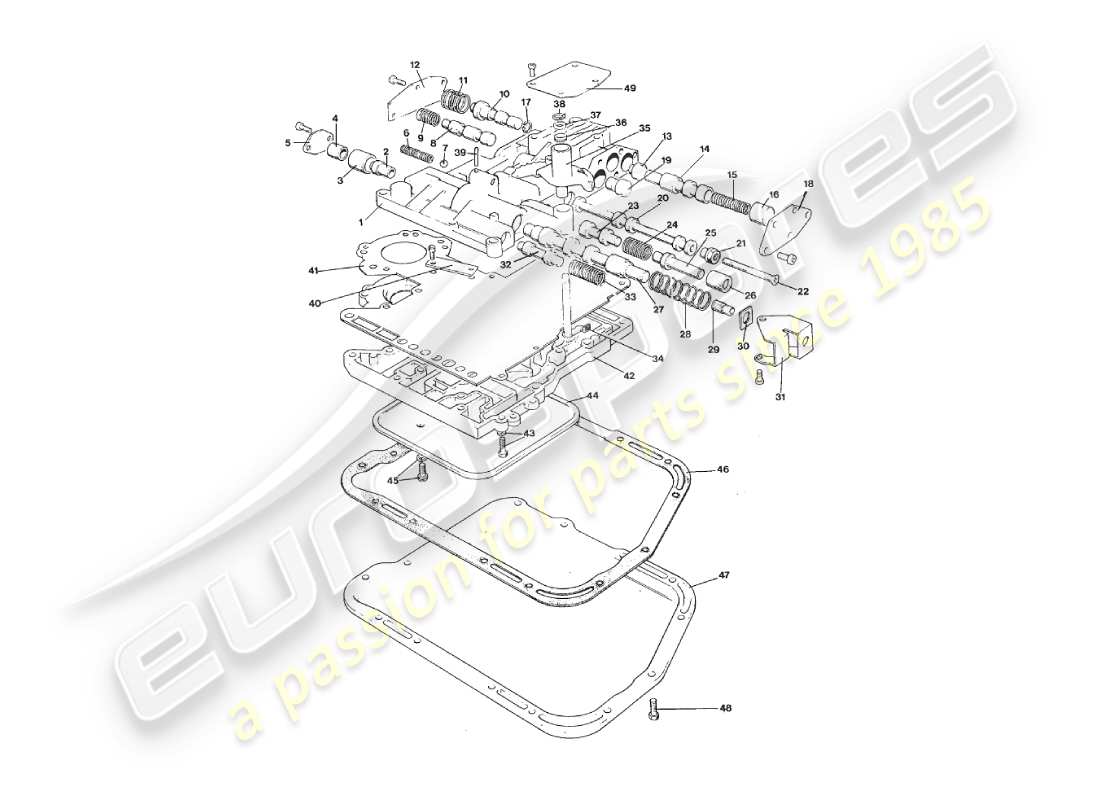 aston martin v8 virage (1999) 3 geschwindigkeits-ventilkörper-, ölwannen- und antriebswellen-teilediagramm