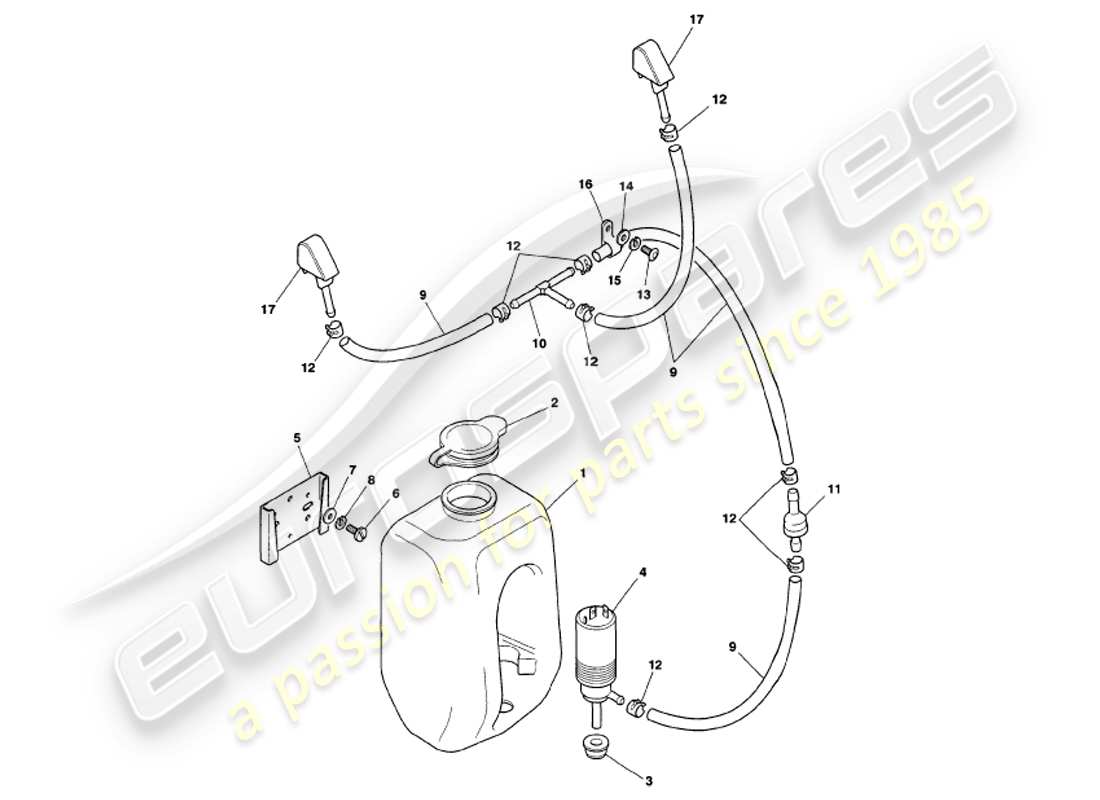 aston martin v8 volante (1999) teilediagramm für scheibenwaschanlagen