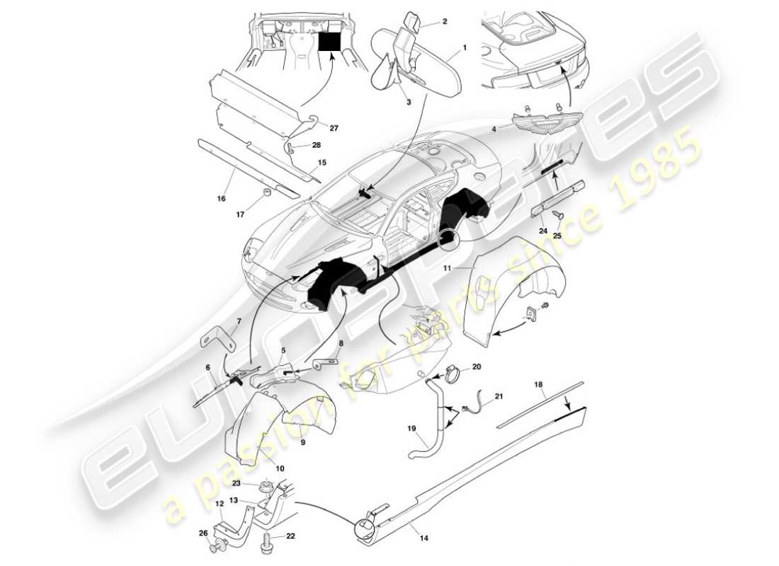 aston martin vanquish (2001) teilediagramm für karosseriebeschläge