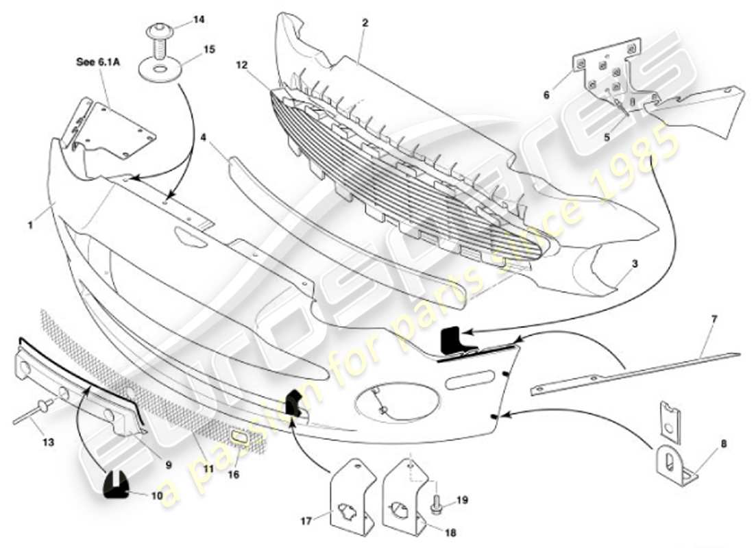 aston martin vanquish (2001) teilediagramm für frontstoßstange und schürze
