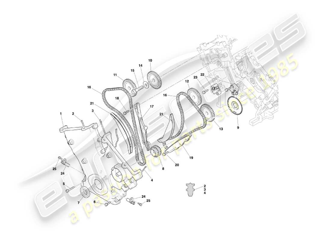 aston martin db7 vantage (2001) teilediagramm für steuergehäuse, wasserpumpe und kettenräder