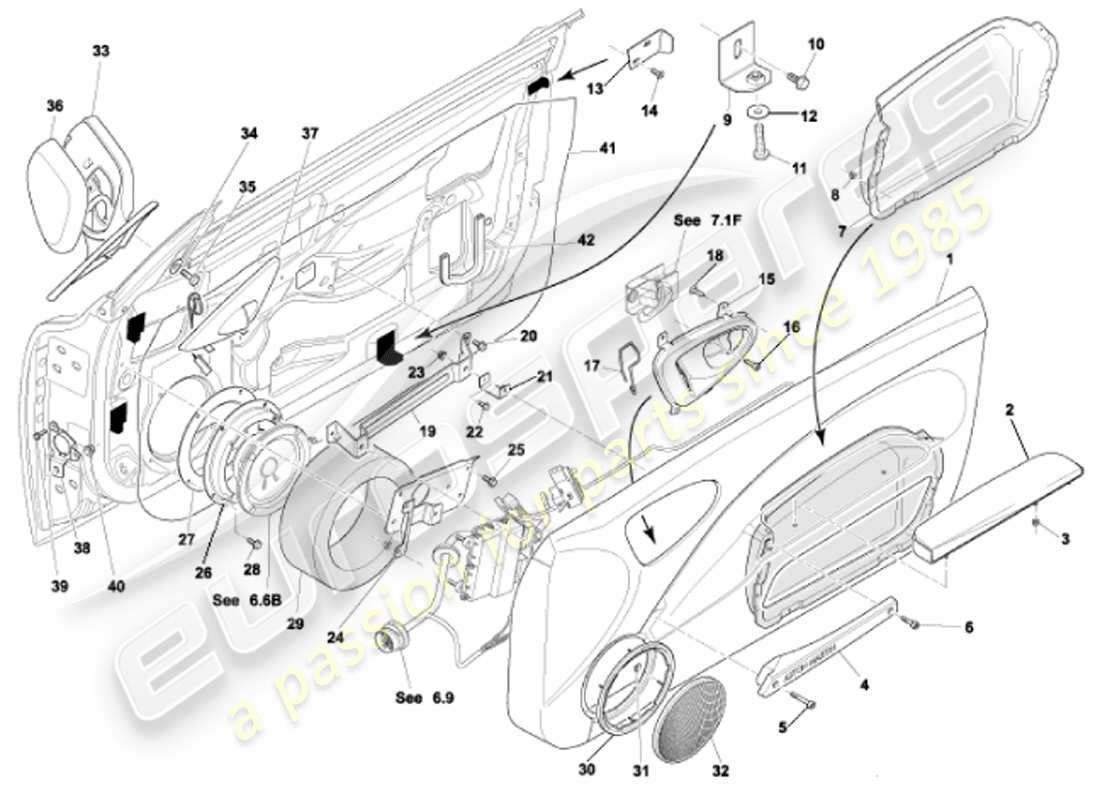 aston martin vanquish (2001) teilediagramm für türzargen und -beschläge