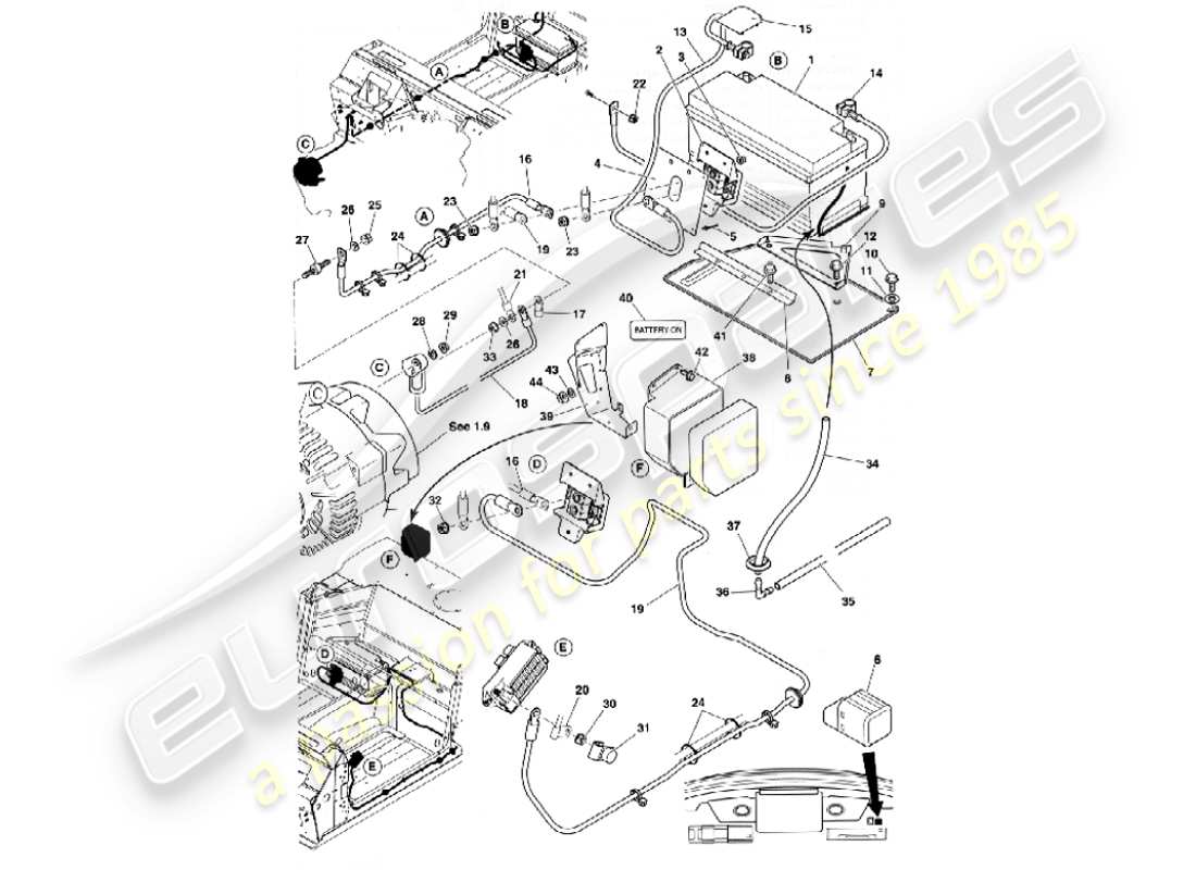 aston martin vanquish (2001) batterie- und kabelteilediagramm