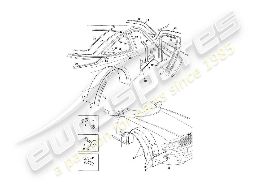 aston martin v8 coupe (2000) teilediagramm für wetterdichtungen