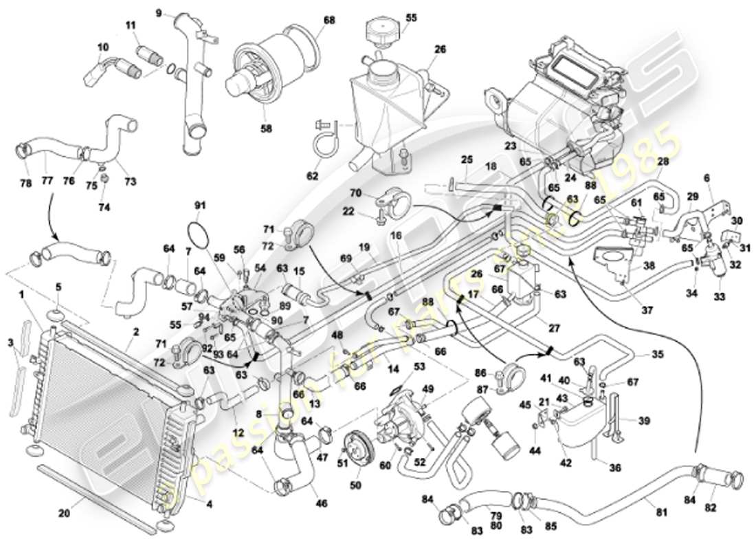 aston martin vanquish (2001) teilediagramm des wasserkühlsystems