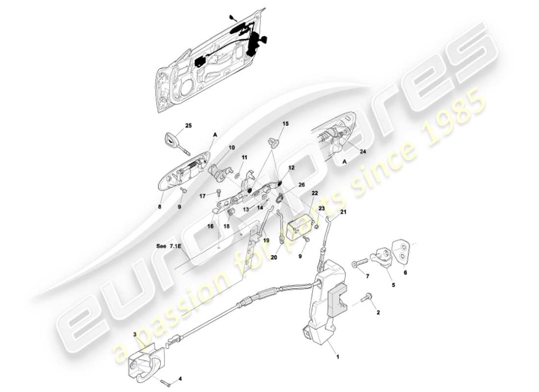 aston martin vanquish (2001) teilediagramm des türverriegelungsmechanismus