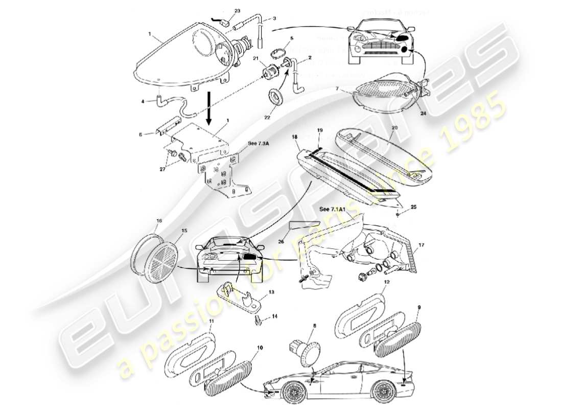 aston martin vanquish (2001) teilediagramm für außenleuchten