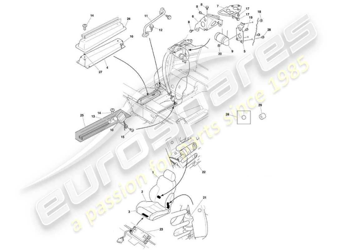 aston martin vanquish (2001) teilediagramm für vordersitze und gurte