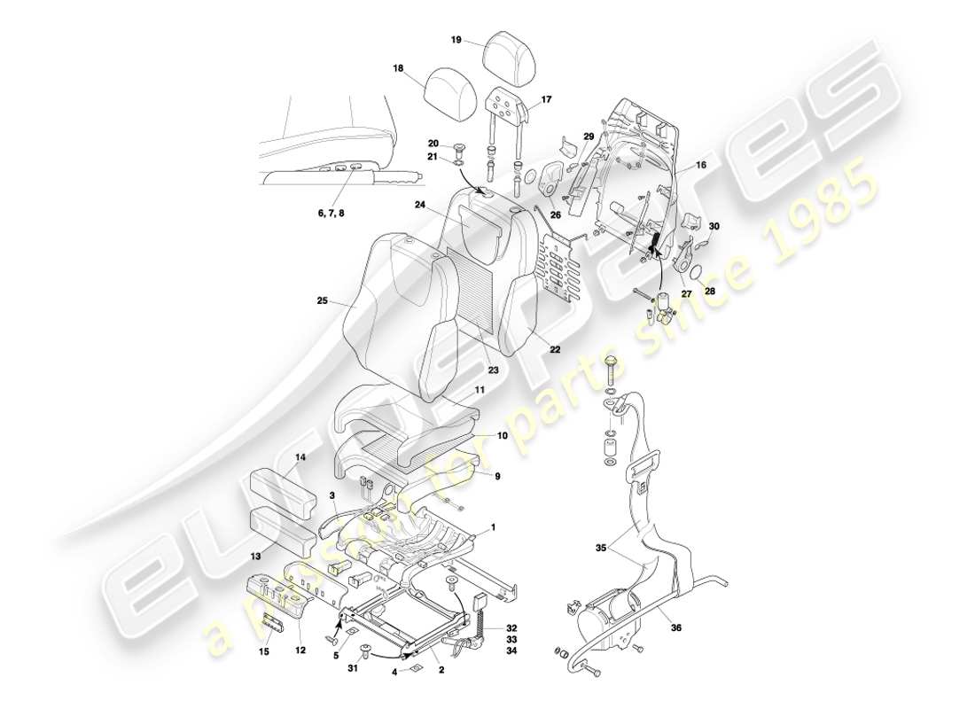 aston martin db7 vantage (1999) teilediagramm für vordersitze und gurte