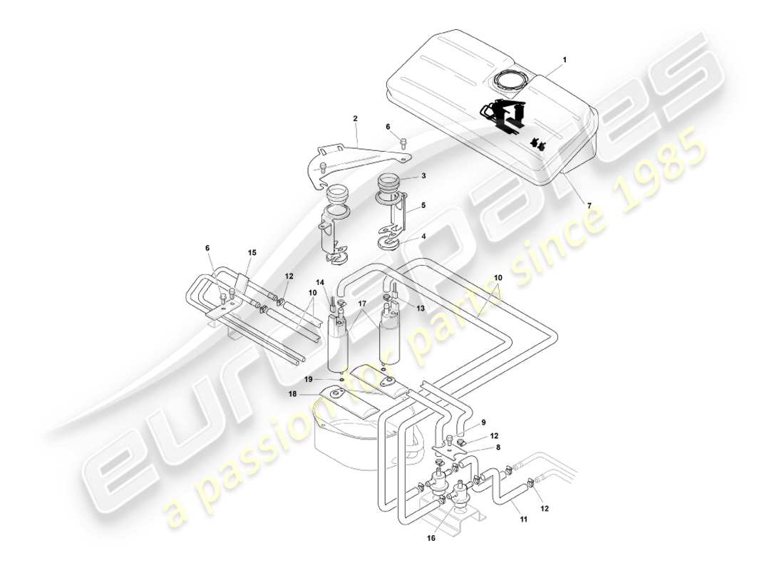 aston martin db7 vantage (2001) teilediagramm für den schwalltopf des volante-kraftstofftanks