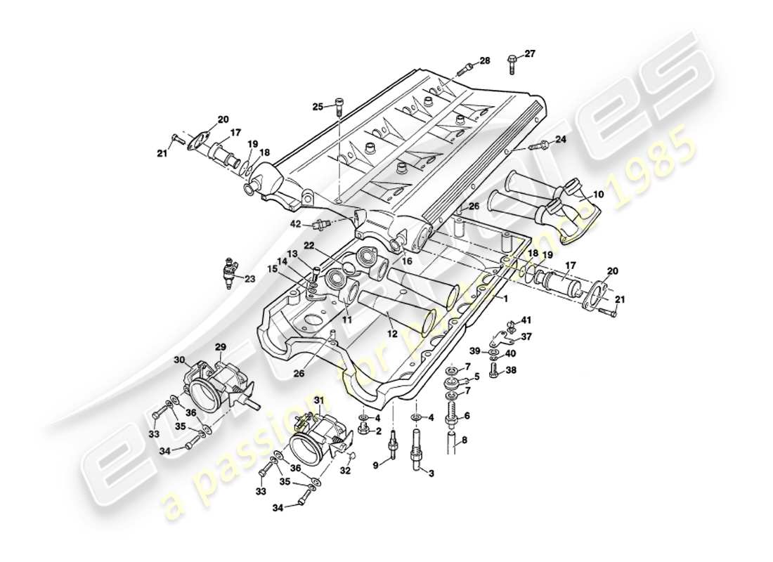 aston martin v8 volante (1998) teilediagramm für ansaugkrümmer und ansaugluftkammer