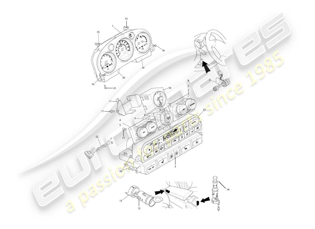 aston martin vanquish (2004) teilediagramm für instrumente und bedienelemente
