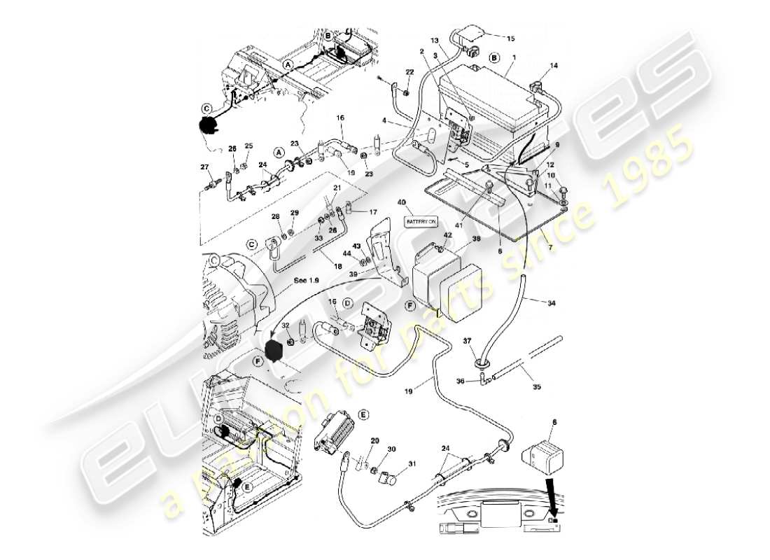 aston martin vanquish (2003) batterie- und kabelteilediagramm