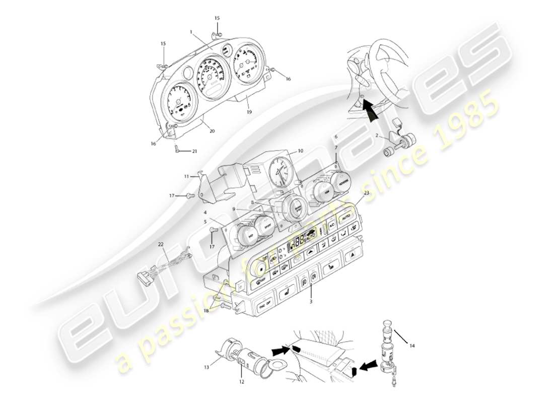 aston martin vanquish (2002) teilediagramm für instrumente und bedienelemente