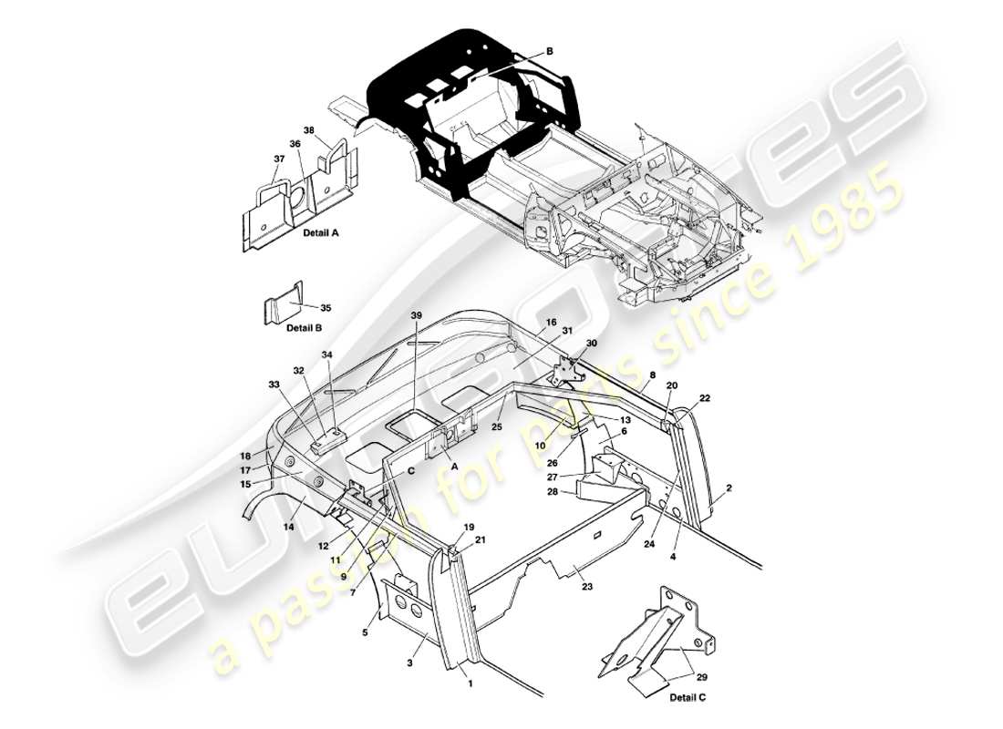 aston martin v8 volante (1998) teilediagramm der hinteren struktur